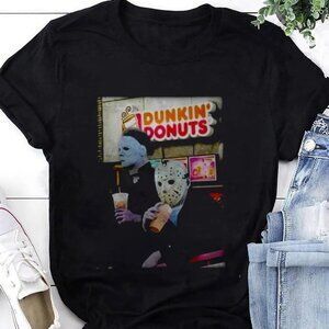 Michael Myers and Jason Voorhees Drink Dunkin’ Donuts Funny Halloween T-Shirt
